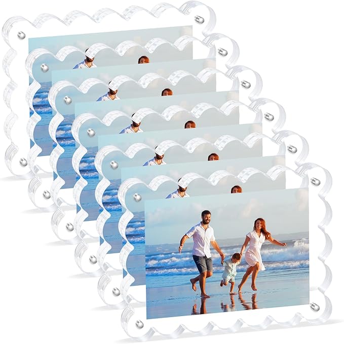 Scalloped Magnetic Picture Frame 4x6 Inch - 6Pack Clear Acrylic Photo Frame, 20mm Thick Double-Sided Magnet Design, Trendy Desktop Display for Home/Office Decor (6 Pack, 4X6)