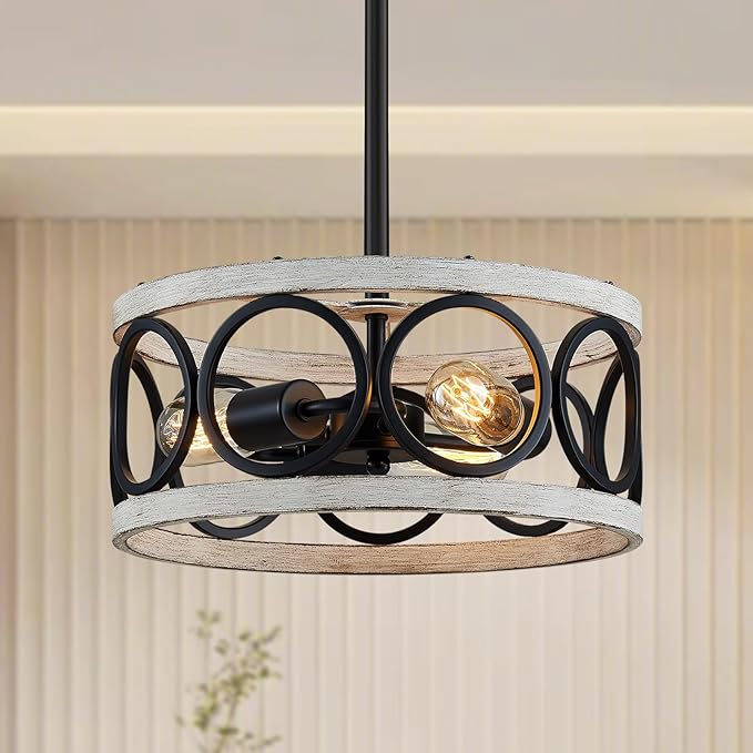 XINGQI White Chandelier 3-Light Modern Ceiling Light Rustic Wood Grain Adjustable Height Pendant Lighting Fixture 13" Round Metal Lamp for Dining Room Kitchen Bedroom Foyer Hallway