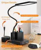 Desk Lamp, COZOO LED Desk Lamps for Home Office with USB Charging Port/Outlet/Organizer,Desk Lamp for College Dorm Eye-Caring Study Light,Gooseneck Table Lamp with Pen Holders/Storage,9 Lighting Modes