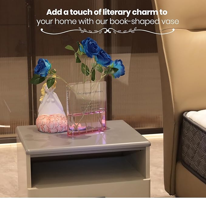 Book Vase for Flowers Home Décor,Artistic and Cultural Flavor Decorative Acrylic Clear Vase for Home and Office,Creative Gifts for Book Lovers (Pink)