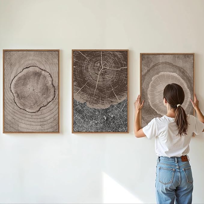 SIGNINART Beige Tree Ring Framed Canvas Wall Art Set, Abstract Black and White Rustic Wood Wall Decor, Neutral Wood Stump Artwork, Modern Art Prints for Bedroom Living Room Office 16"x24"x3