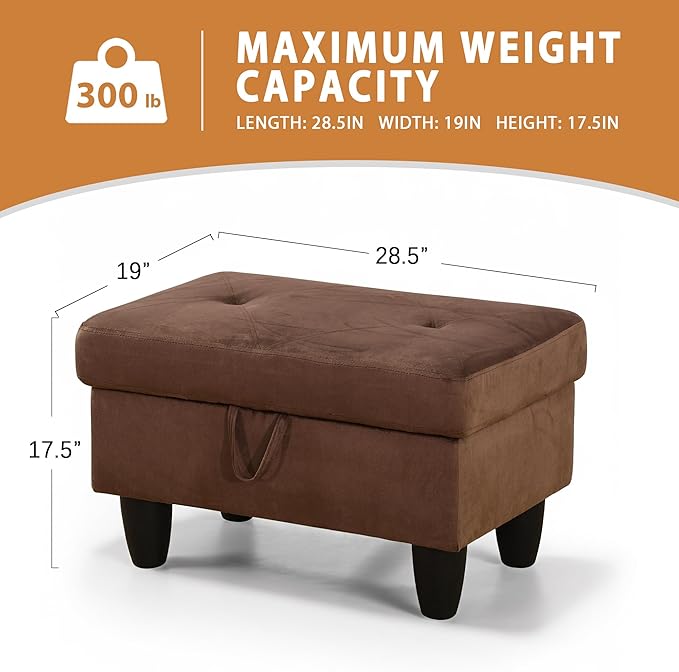 Ottoman Rectangular Storage Ottoman Bench, Flannel Footrest Stool Footstool with Lid for Living Room, Bedroom, Entryway, Chocolate, 28.5"x19"x17.5"