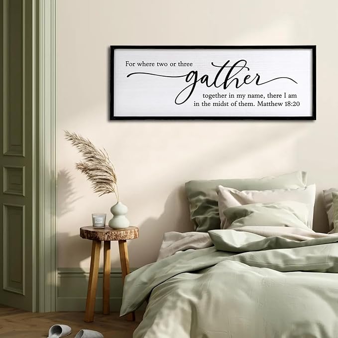 For Where Two or Three Gather in My Name, There I am in the Midst of Them Bible Verse Framed Wall Art, 40''×15'' Rustic Religious Christian Matthew 18:20 Sign, Inspirational Catholic Scripture Decor