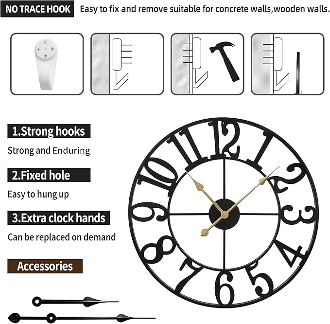 Large Wall Clock for Living Room Decor - 18 Inch Silent Non-Ticking Wall Clocks Battery Operated, Metal Vintage Retro Decorative Modern Wall Clock for Bedroom, Kitchen, Office, Farmhouse Decor