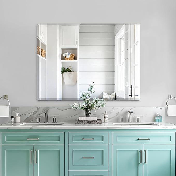 Mirrorons Beveled Mirror, Wall Mirror 40" x 30", Frameless Rectangle Bathroom Mirror with Beveled Edge, Hangs Horizontally or Vertically. Rounded Corner Tempered