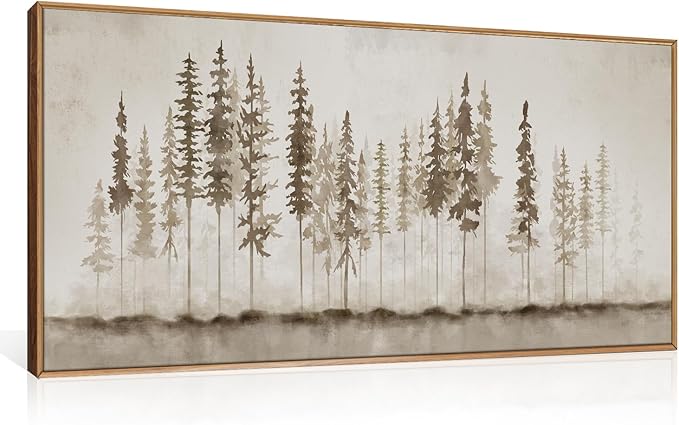 HPINUB Misty Forest Framed Canvas Wall Art Set, Foggy Pine Tree Wall Decor, Pastel Nature Landscape Wall Painting, Evergreen Coniferous Plant Art Print for Living Room, Bedroom, Office - 20"x40"