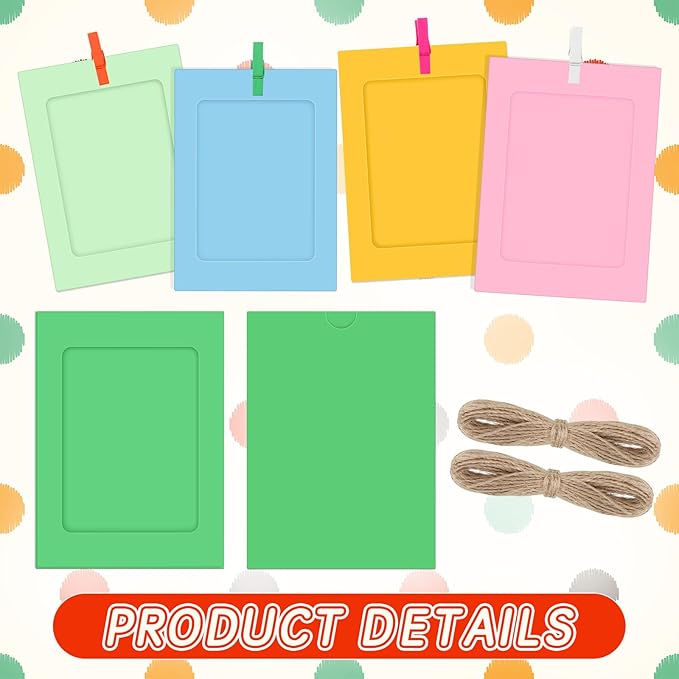 Janlaugh 100 Pcs Paper Photo Frames 4x6 Paper Picture Frame with 100 Clip 10 String Kit DIY Hanging Cardboard Photo Holder Back to School Wall Decor Wedding Home