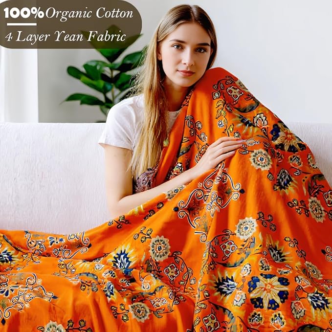 Boho Large Throw Blanket, 100% Organic Cotton Breathable Soft Bed Throw - Floral Farmhouse Decor Blanket for Sofa Couch Chair and Gift. 91" x 98"- Orange