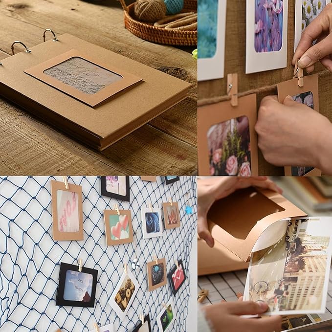 4x6 Inch Paper Photo Frame, Hanging Photo Display Banner, 20Pcs Kraft Paper Picture Frames with 20 Wood Clips and 2 Jute Twine, DIY Clip Photo Display Holders for Home, Wedding, and Party Decor