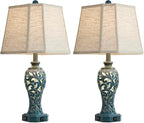 25'' Farmhouse Table Lamps Set of 2 for Living Room Bedroom, 2 USB Ports Coastal Vintage Table Lamp with Nightlight, Blue Green Hollow Out Resin Lamp for End Table (Bulbs Included)