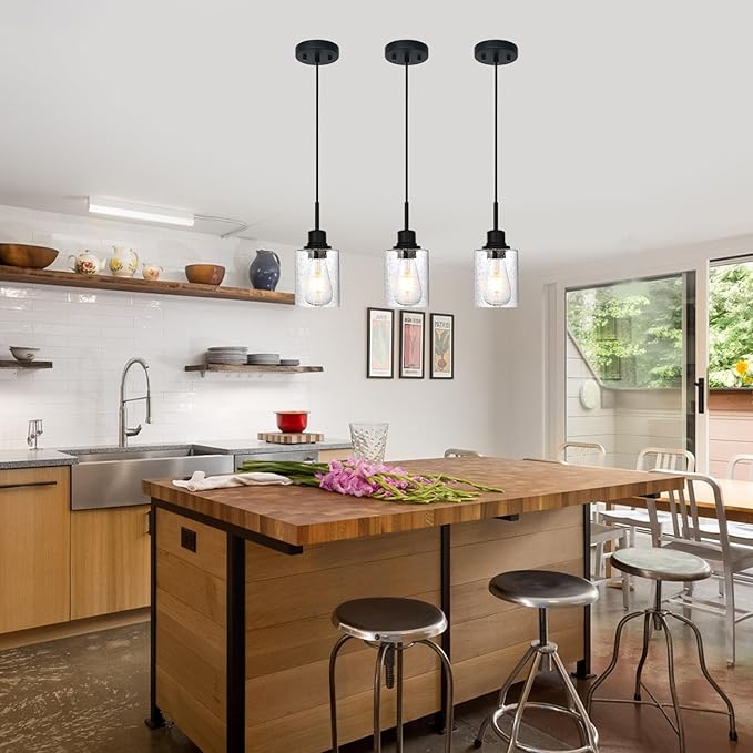 Modern Farmhouse Mini Chandeliers 3 Pack Black Pendant Lights Kitchen Island with Seeded Glass, Dining Room Lighting Fixtures Hanging Ceiling for Sink Bar Hallway Porch Corridor Bedroom