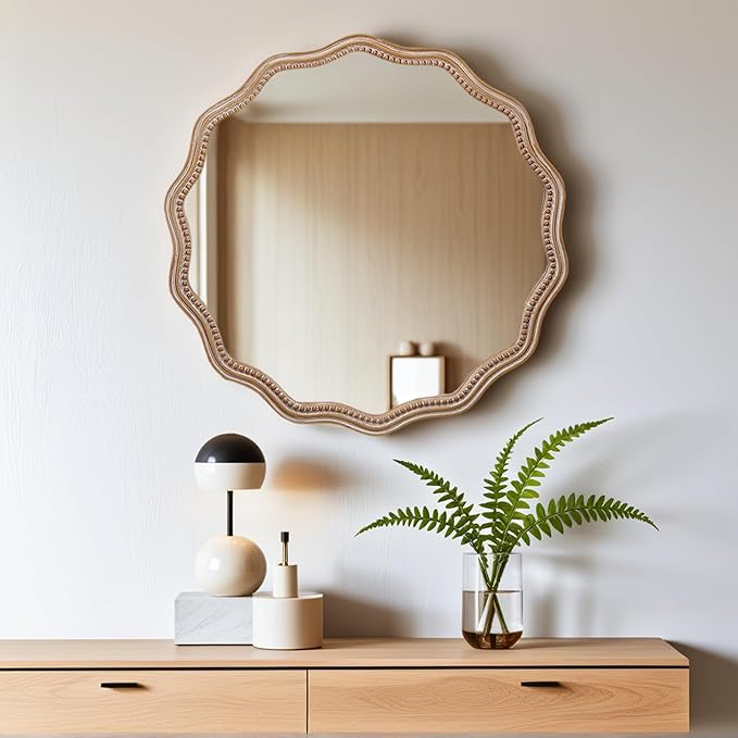 Round Mirror Vanity Mirrors for Bathroom with Wavy Wood & Beaded Frame - Wall Mirrors for Living Room,Entry Mirrors for Wall,Decorative Mirror