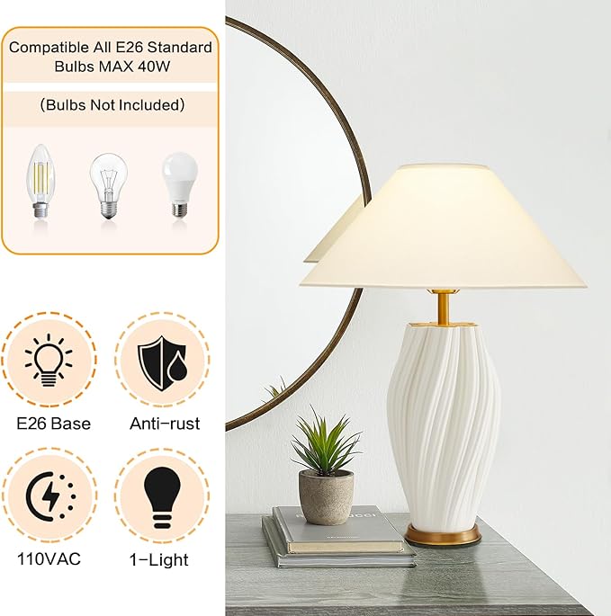 Modern Plug in Ceramic Table Lamps 20.5", White E26 Table Lamp Funky Decorative for Living Room Bedroom Room Office Desk End Bedside (Textured)