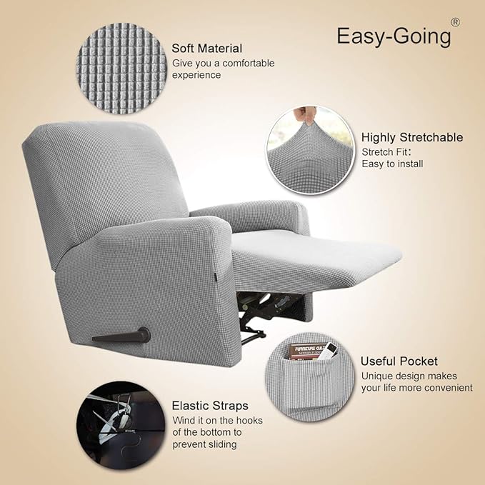 Easy-Going Recliner Stretch Sofa Slipcover Sofa Cover 4-Pieces Furniture Protector Couch Soft with Elastic Bottom Spandex Jacquard Fabric Small Checks(Recliner,Light Gray) Large