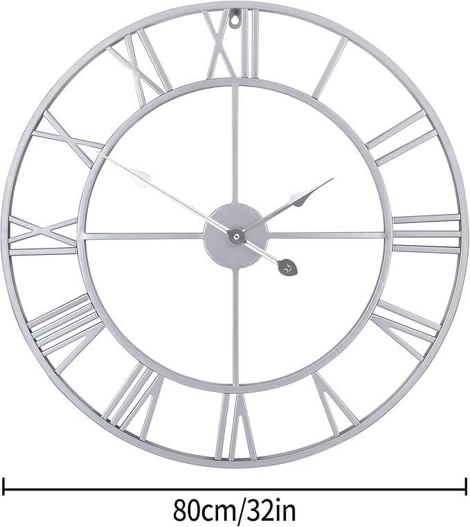 1st owned Large Wall Clock Metal Retro Roman Numeral Clock, Modern Round Wall Clocks Almost Silent, Easy to Read for Living Room/Home/Kitchen/Bedroom/Office/School Decor (Silver, 32 Inch)