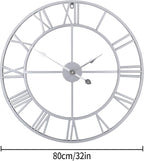 1st owned Large Wall Clock Metal Retro Roman Numeral Clock, Modern Round Wall Clocks Almost Silent, Easy to Read for Living Room/Home/Kitchen/Bedroom/Office/School Decor (Silver, 32 Inch)