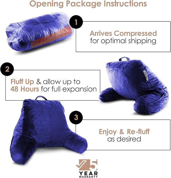 Nestl Reading Pillow Standard Bed Pillow, Back Pillow for Sitting in Bed Shredded Memory Foam Chair Pillow, Reading & Bed Rest Pillows Royal Blue Back Pillow for Bed, Bed Chair Arm Pillow with Pockets