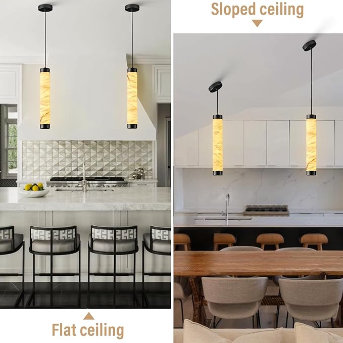 20" Alabaster Pendant Lights, Natural Marble Cylinder Black Pendant Light, Adjustable Modern Ceiling Light Fixtures for Kitchen Island, Dining Room, Bedroom, Living Room, Bathroom