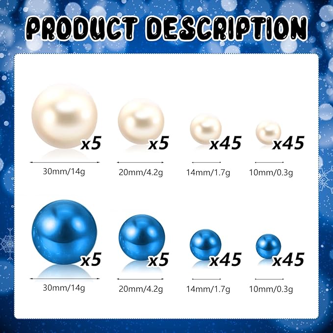 200PCS Blue White Faux Pearls Beads for Centerpiece Vases, Vase Filler Faux Pearls, No Holes Filler Beads for Party Anniversary Birthday Wedding Table Decor, 10/14/20/30mm