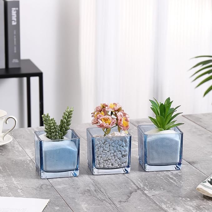 Square Flower Vases Set of 4, 3"x 3"x 3" Glass Vases for Centerpieces, Blue Vase for Flowers, Small Vase for Wedding, Party, Home Office Decoration