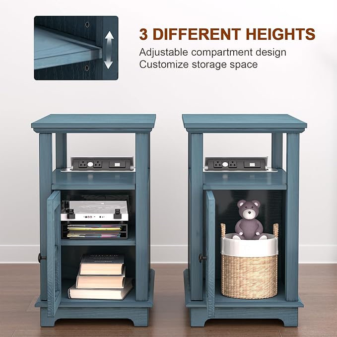 HIFYOBRO End Table with Hidden Charging Station, Narrow Side Table with Storage, Nightstand for Small Spaces with USB Ports & Power Outlets Bedside Table
