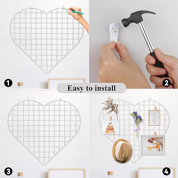 Grid Photo Wall Panels - 22.4"x20.4" Heart Shape Iron Rack Art Wire Board, Wall Grid Organizer, DIY Photo Frame for Home, Office, Kitchen, Bedroom, Christmas Gifts - White