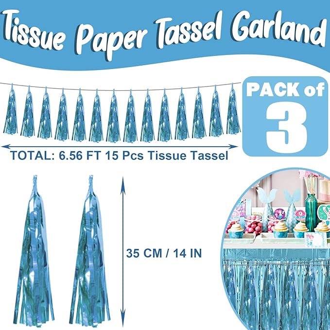 3P Light Blue Foil Fringe Metallic Tassel Streamers Banner Tassel Garland for Parade Floats, Bachelorette, Wedding, Birthday, Halloween, Christmas, Bridal/Baby Shower Party Decorations