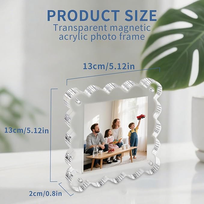 3-Pack 4x4 Acrylic Magnetic Picture Frames – Double-Sided Clear Lucite Block Frames with Scalloped Edges, UV-Protected Freestanding Desktop Photo Display