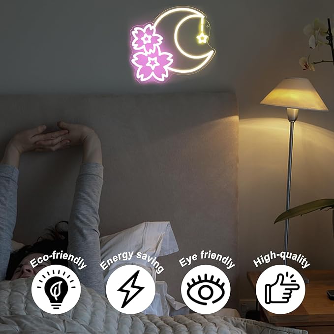 Sakura Moon Star Neon Signs for Wall Decor Cherry Blossom Neon Light Dimmable Flower Aesthetic Wall Art LED Sign for Bedroom Living Room Dorm Decoration Girls Gifts