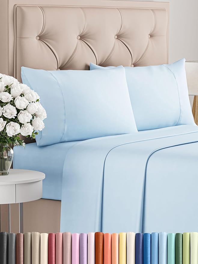 Twin Sheets Set 4 Piece - Includes 2 Pillowcases - Bed Sheets Twin Size - Soft Hotel Luxury Bedding - Cooling, Comfy, Cozy & Breathable - 1 Flat & 1 Fitted & 2 Pillowcases w/ Deep Pockets - Baby Blue