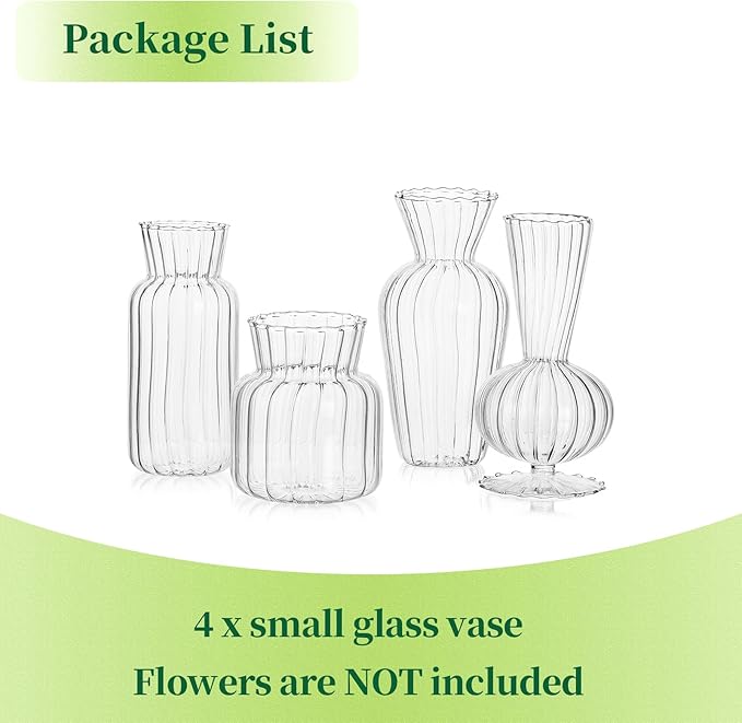 Mini Glass Vases for Centerpieces - Hewory Clear Small Bud Vases in Bulk, Cute Flower Vases Set for Wedding, Home Decoration, Table Decor (Clear, 4)