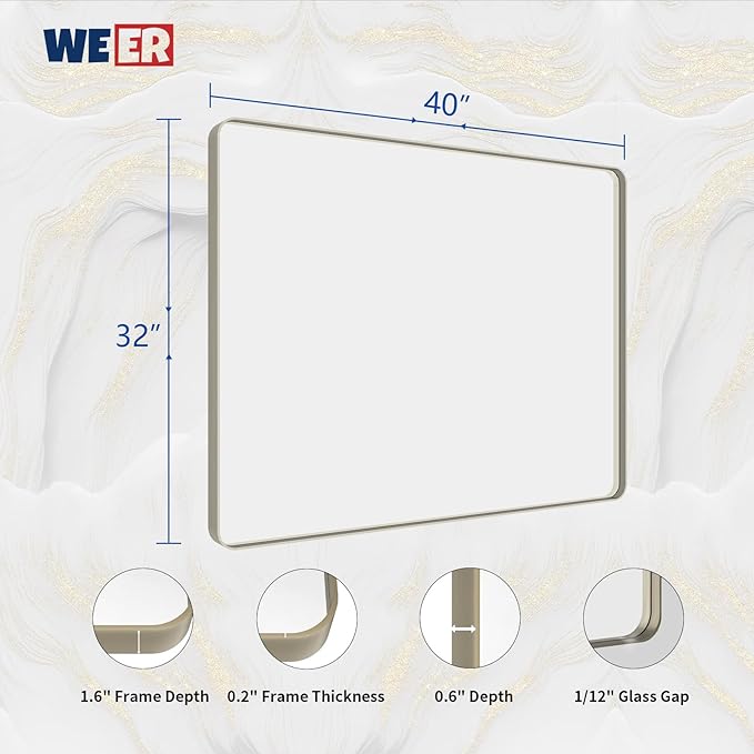 WEER 40X32 Inch Brushed Nickel Bathroom Mirror, Brushed Silver Metal Frame Mirror, Rounded Rectangle Silver Bathroom Vanity Mirror, Tempered Glass, Anti-Rust, Hangs Horizontally or Vertically