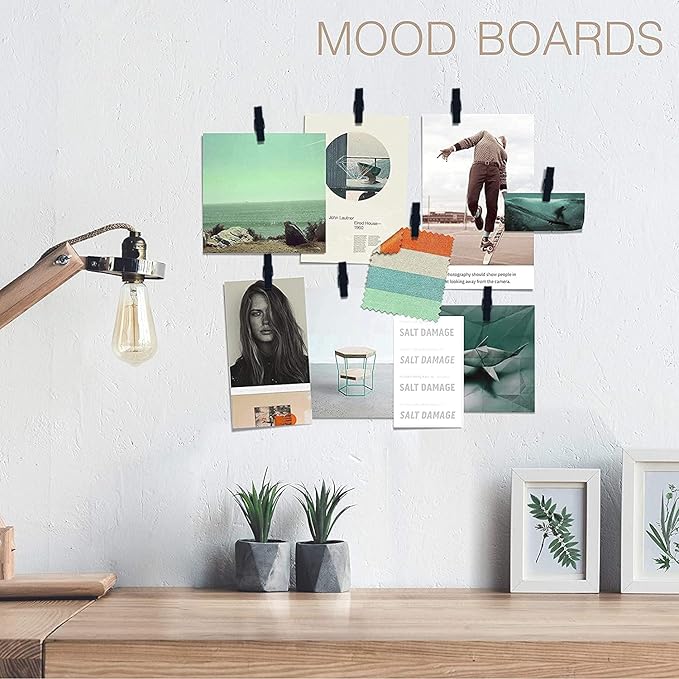 50 Pack Mini Self Adhesive Clips for Pictures - Black Wood Clip Photo Holders for Wall, Poster Hanger, Photo Cards Hanging Display Board & Picture Boards, Artwork Photos Holders Card Room Decor