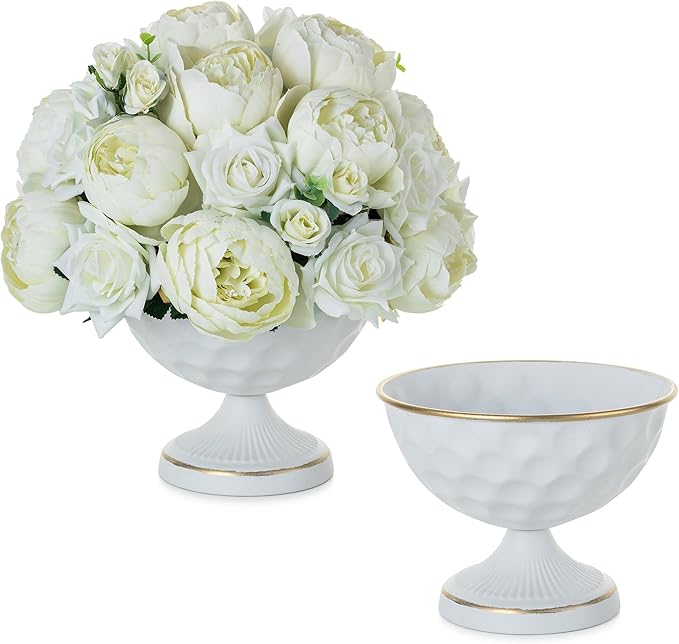 Sziqiqi White Vases for Wedding Centerpieces: 6.1in Metal Urn Vases Set of 2 Compote Vase for Decorations - Flower Arrangements Table Vase Plant Bowl for Wedding Party Event Home Decor