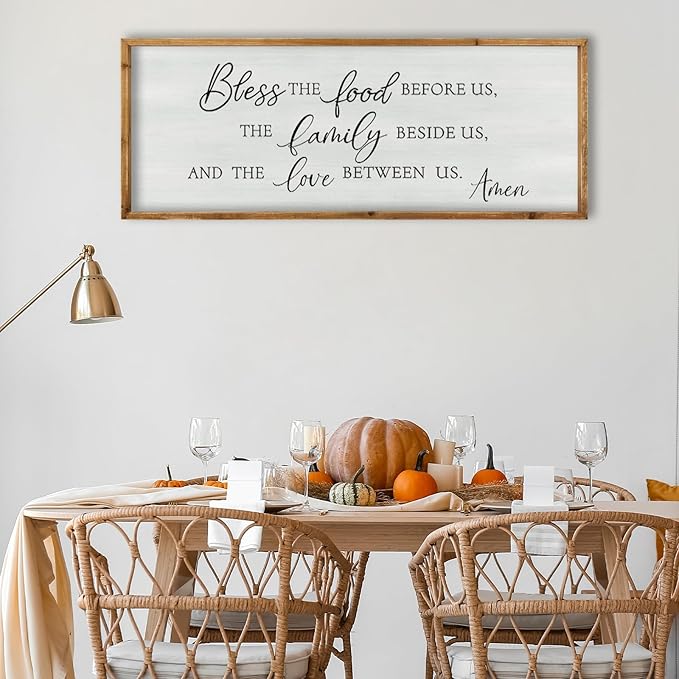 ZZJJHYWGQ Bless the Food Before Us Wall Sign Decor 40"×15" for Kitchen Dining Room Wall Art (Wood)