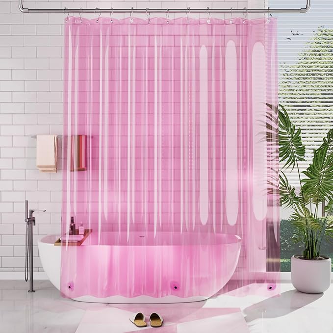 AmazerBath 72x78 Long Shower Curtain Liner, Clear Pink Plastic Shower Curtain Liner, Waterproof PEVA Shower Liner, Cute Lightweight Shower Curtains for Bathroom with 3 Magnets & 12 Rustproof Grommets