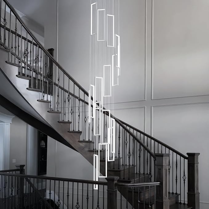 Modern Adjustable Height Pendant Light Fixture White 288W LED Pendant Lights 16 Rings Rectangular Chandelier Staircase Large Chandelier Lobby Living Room Foyer High Ceiling Chandeliers