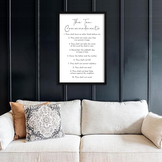 flowtorely The Ten Commandments Sign Bible Verse Wall Decor 16"×11" Christian Catholic Scripture Large Wooden Framed Wall Hanging Art (Black)