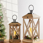 Glitzhome Mondern Farmhouse Wood Metal Lanterns Decorative Hanging Candle Lanterns Set of 2, Natural (No Glass)