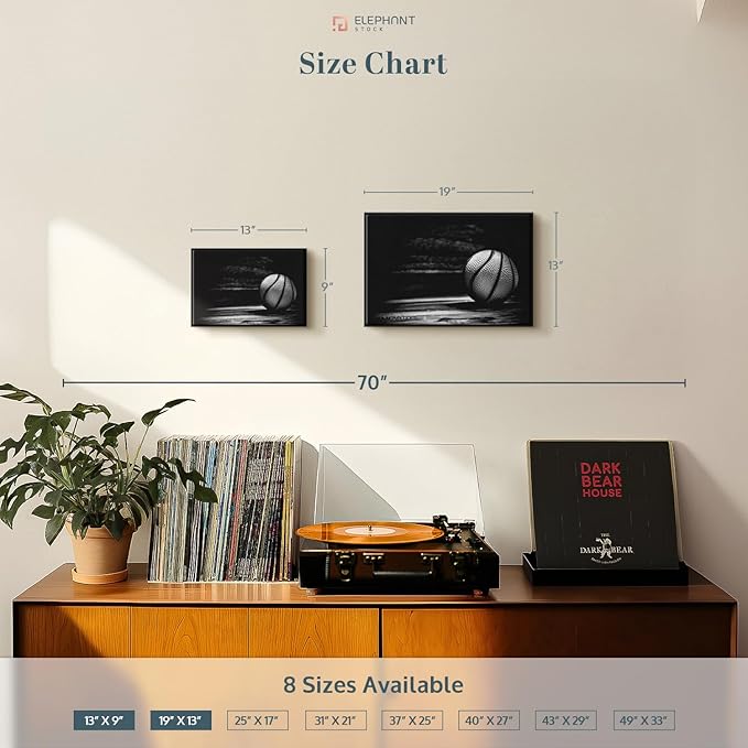 ElephantStock Basketball Wall Art - Horizontal Framed Canvas - 1-Piece Hallway Wall Decor - Photography sports Canvas Print - Black and Gray Decor for Wall - 13" X 9"