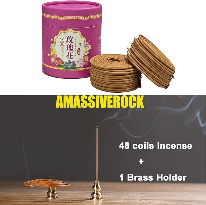 Rose Coils Incense (48 PCS) Spiral Incense Coil Incense Holder Burner, Natural Chinese Incenses Coils Spiral Design for Long-Lasting Fragrance