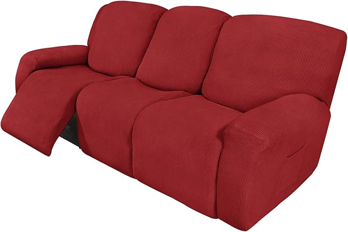Easy-Going 8 Pieces Recliner Sofa Stretch Sofa Slipcover Sofa Cover Furniture Protector Couch Soft with Elastic Bottom Kids, Spandex Jacquard Fabric Small Checks Christmas Red