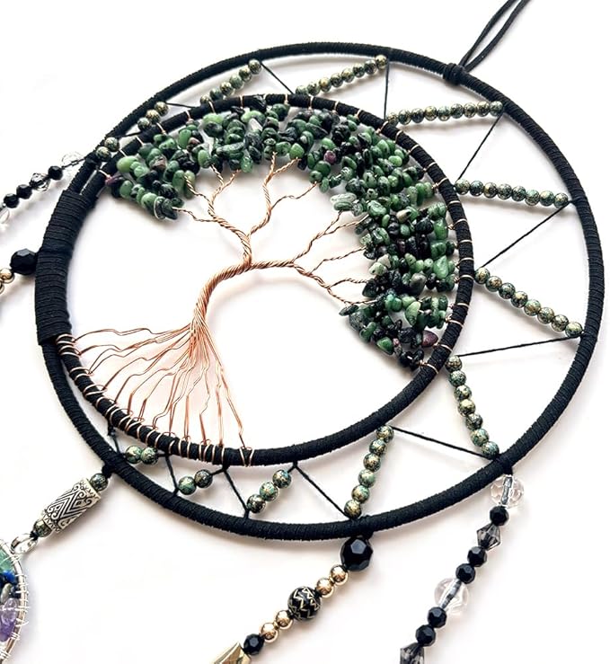 7 Chakras Dream Catchers Tree of Life Dream Catcher Green Feather Dreamcatcher Wall Decor with Rainbow Healing Crystal Stone Wall Art Hanging for Bedroom Home Decor Bless Gift Wedding Party