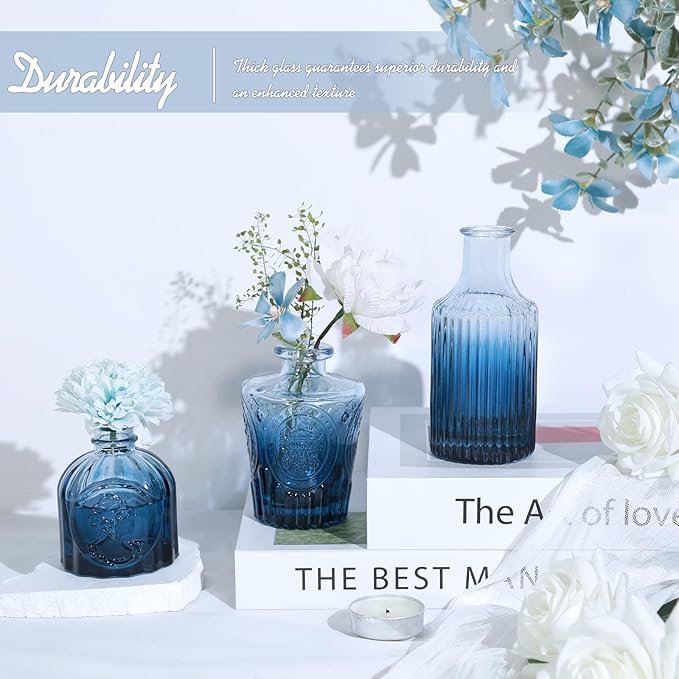 24Pcs Blue Glass Bud Vases Set, Small Vases for Flowers, Perfect for Centerpieces at Parties, Baby Showers, Weddings, Events, Graduation Season, Great Gifts for Office & Home Décor