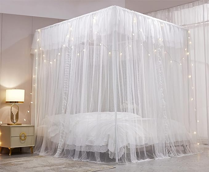 VETHIN 4 Corners Post Ruffle Princess Bed Canopy Curtain-Double Layer Cozy Drape Netting 4 Opening Mosquito Net for Girls Adults Bedroom Decoration (White/White, 64" W*82" L*82"*H/(Queen))