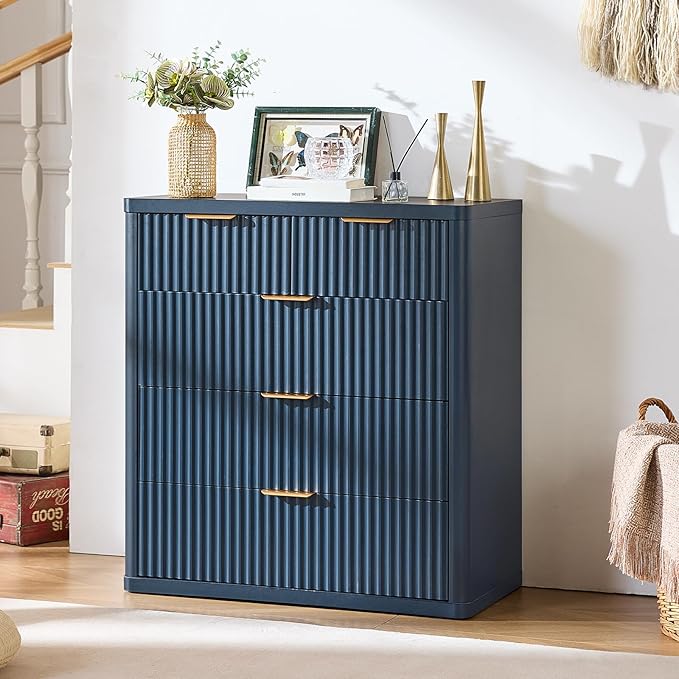LEYAOYAO Fluted 5 Drawers Dresser for Bedroom Set of 2, 34" Tall Modern Chest of Drawers with Metal Handle, Curved Profile Design,Navy Blue Wood Drawer Organizer for Bedroom, Living Room, Hallway