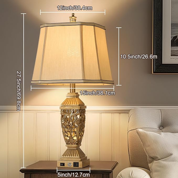 AIDENOEY 27.5“ Farmhouses Table Lamp with USB & USB-C Charging Ports, 3-Color Dimmable & Stepless Bottom Dimming, Touch Control & Switch, Vintage Bedside Lamp for Bedroom Living Room Office,(Brown)