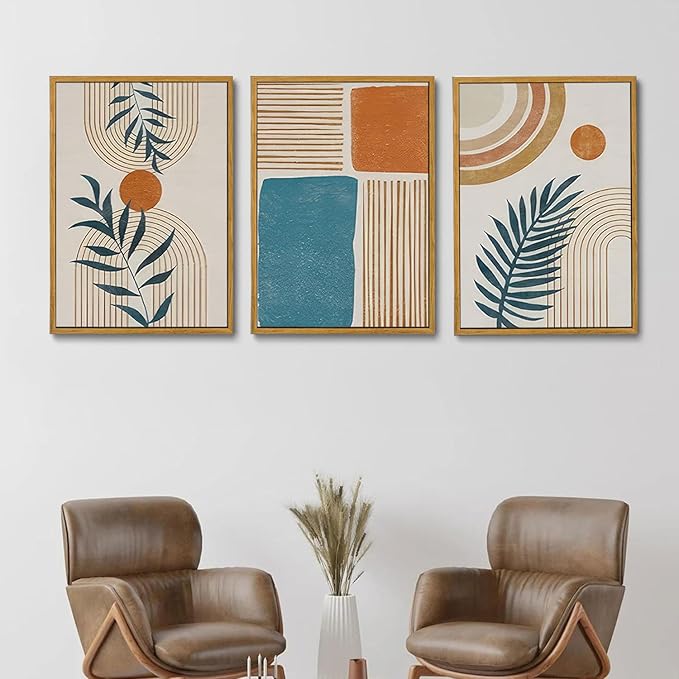Bwodke Boho Wall Art, Framed Abstract Wall Art, botanical Neutral Canvas Wall Decor, Large Mid Century Plant Pictures Set of 3, Modern Minimalist Paintings ，for Bedroom Living Room Bathroom