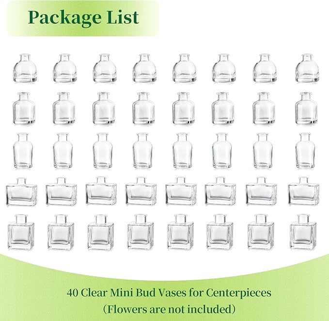 Small Glass Bud Vases for Centerpieces - Hewory 40pcs Clear Sturdy Cute Flower Vases Bulk, Mini Bottle Vase for Wedding Home Decor Birthday Party Events Mother's Day Bridal Shower Gifts Table Decor