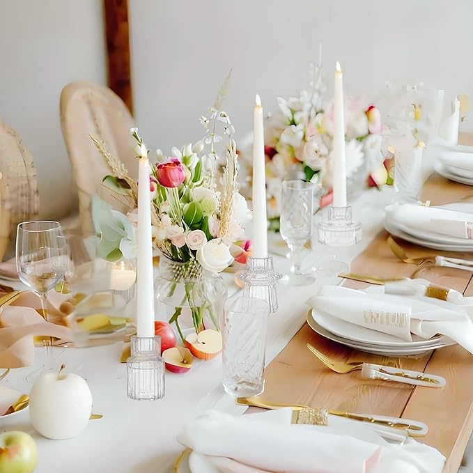 Double Sided Vintage Ribbed Taper Glass Candle Holders,Tea Candle Holder for Table Centerpieces, Wedding Decorations and Dinner Parties (Clear, 3 PCS)